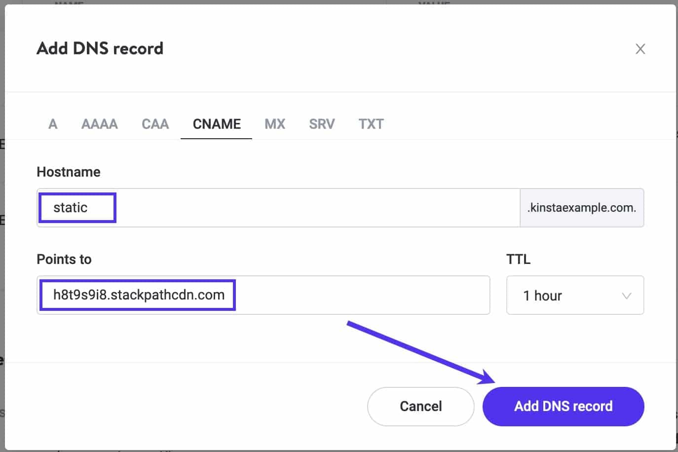 Add the CNAME record for your static assets subdomain.