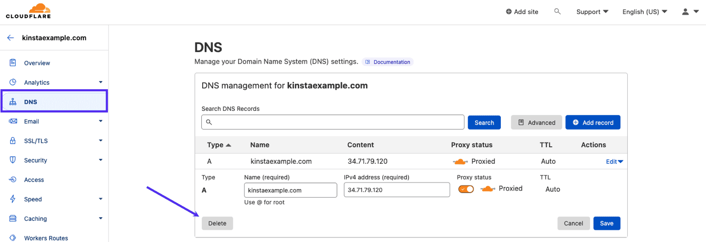 Delete conflicting A record at Cloudflare.