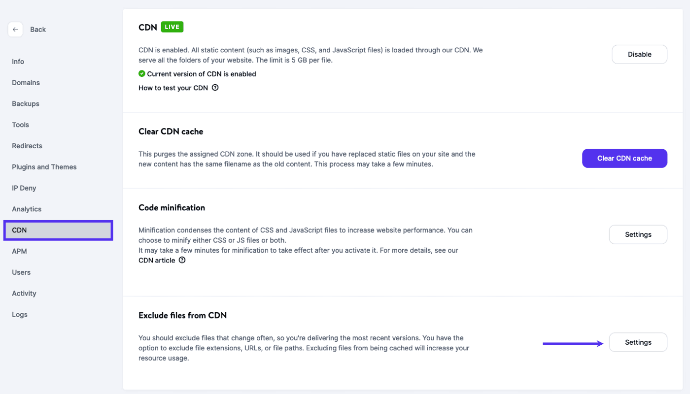 Code minification settings for CDN in MyKinsta.
