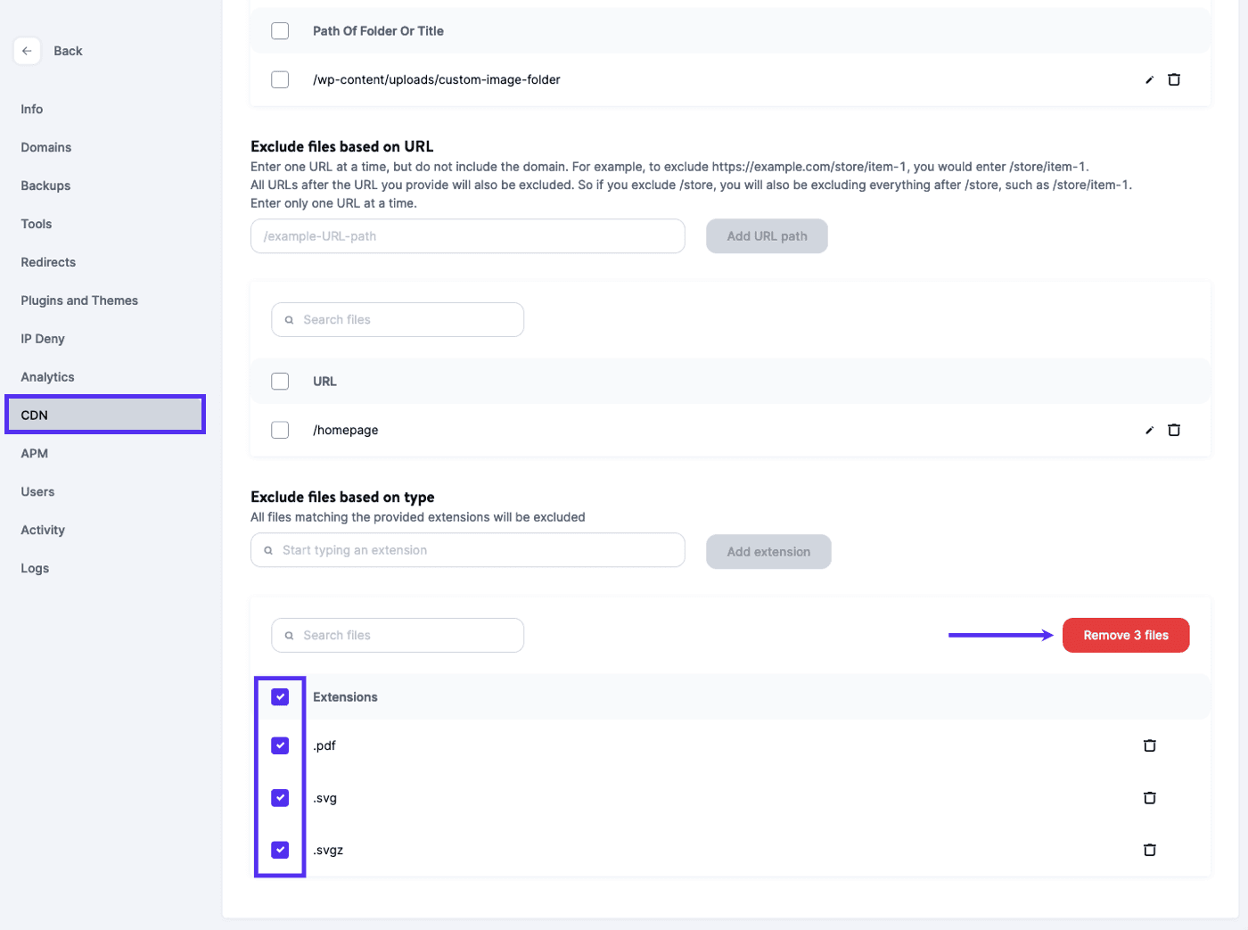Delete multiple file type exclusions in Kinsta CDN.