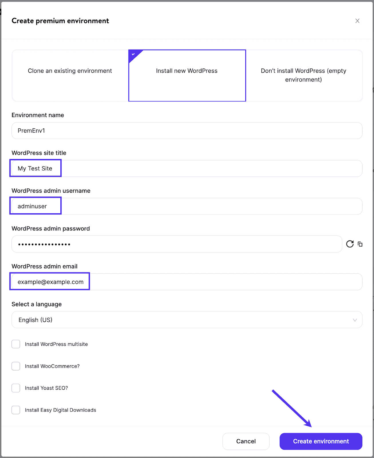 Install new WordPress in your premium environment.
