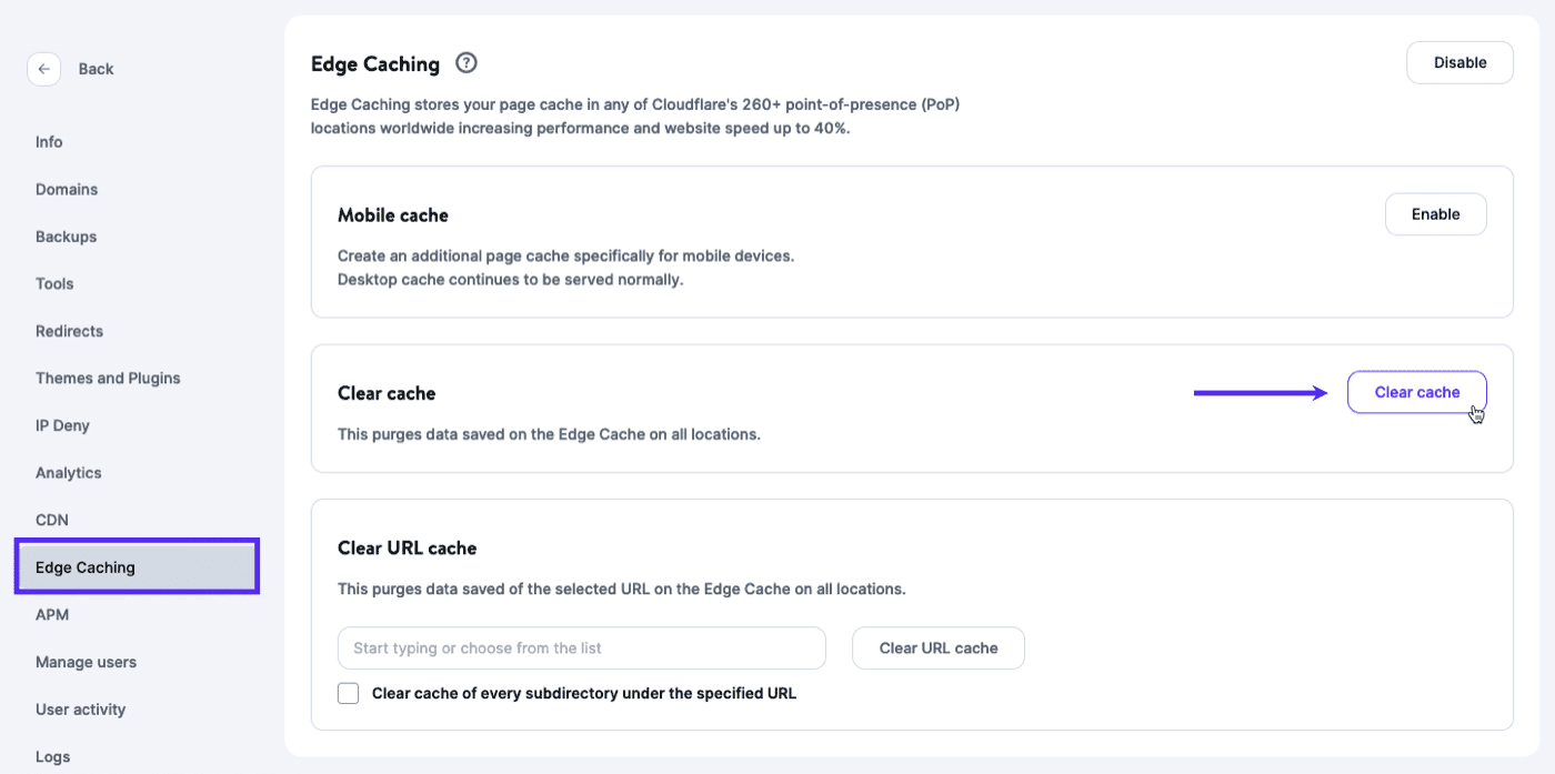 Clear Edge Cache in MyKinsta.