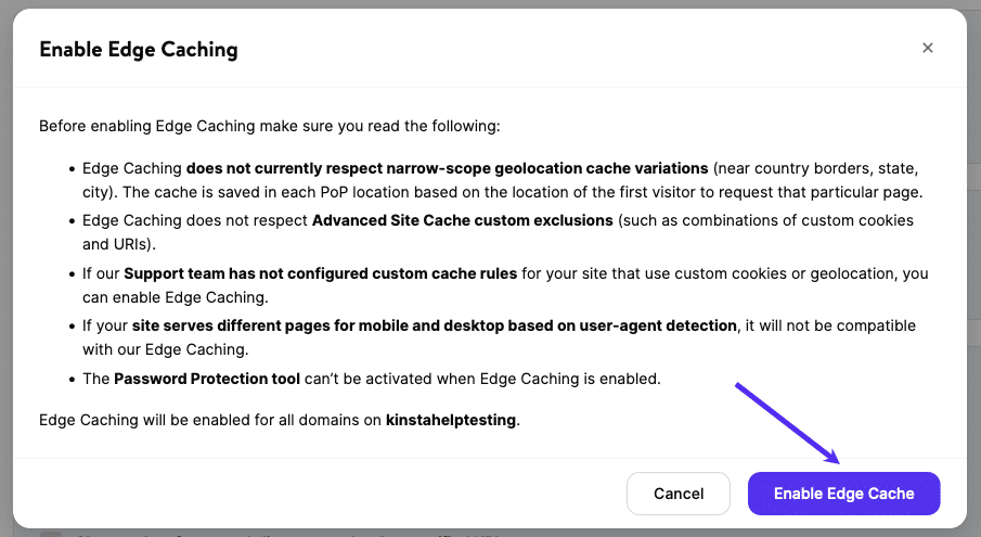 Confirm enabling Edge Caching in MyKinsta.