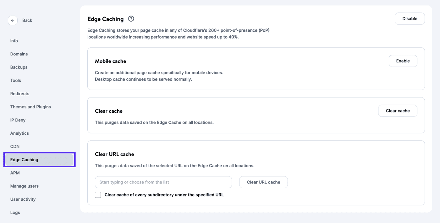 Edge Caching settings in MyKinsta.