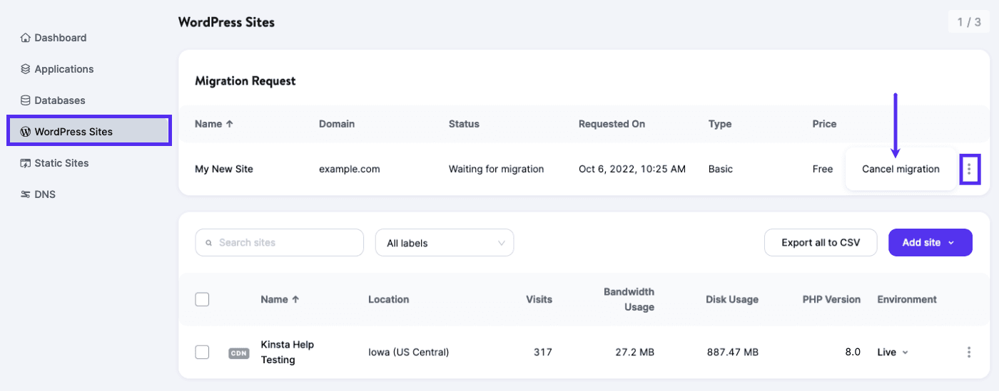 Cancel a site migration in MyKinsta.