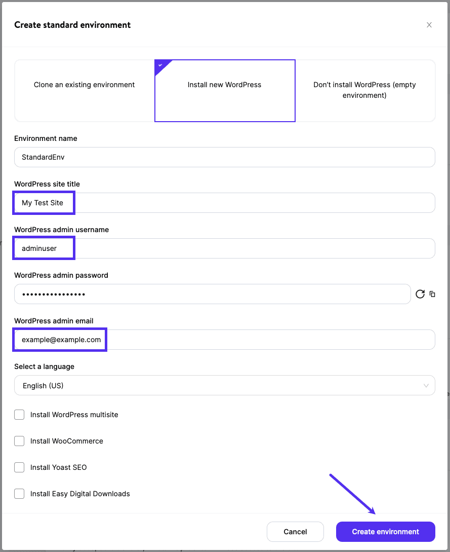 Install new WordPress in your staging environment.