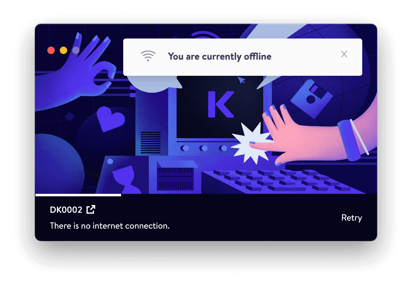 DevKinsta is unable to load due to missing Docker images and no internet connection.