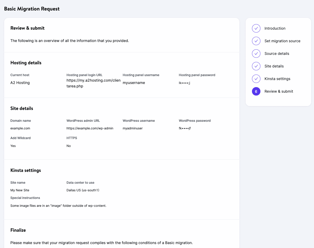 Review and submit your basic migration from another host.