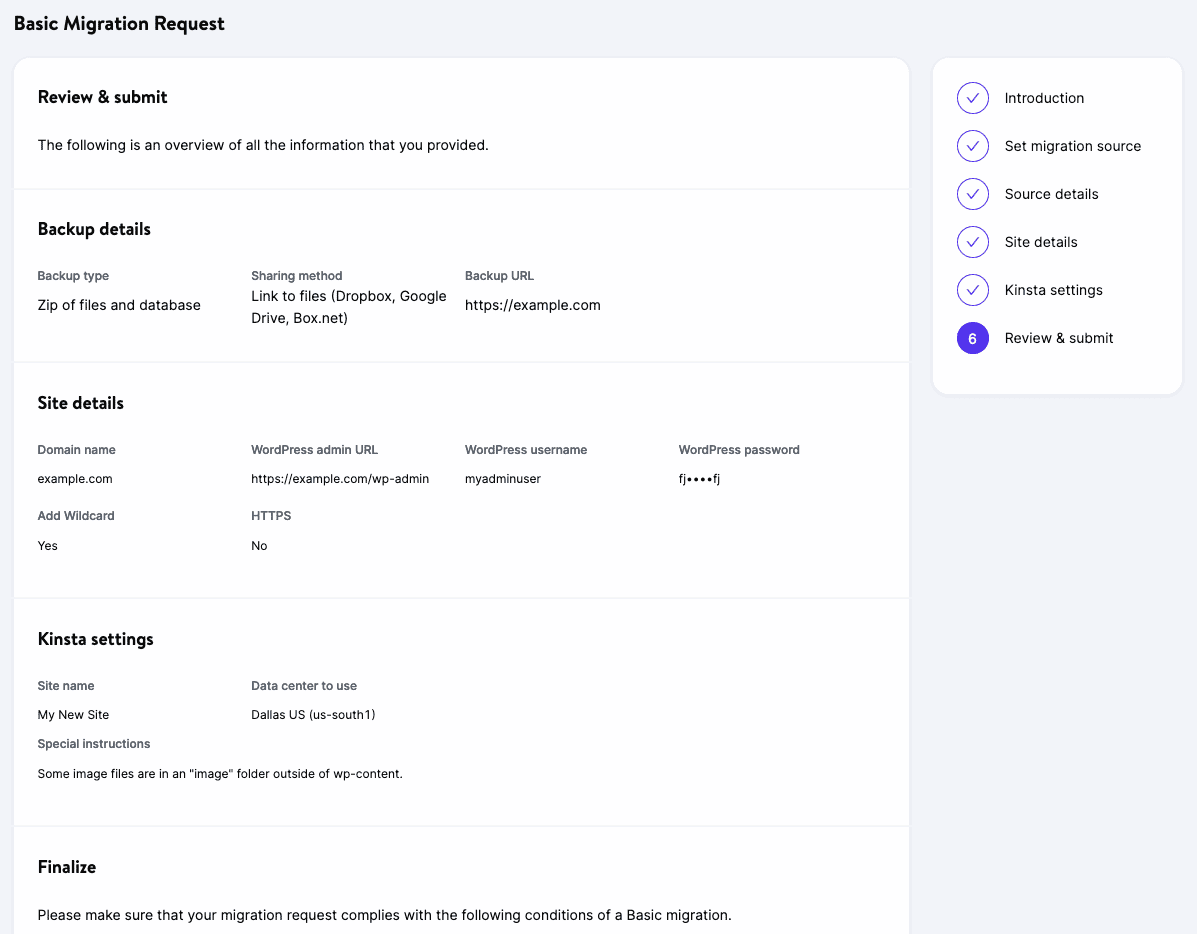 Review and submit your basic migration from a backup.