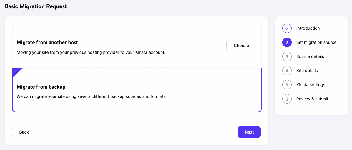 Request a basic migration from a backup.