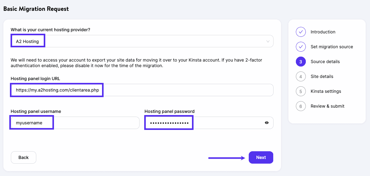 Add your source details to your basic migration request.