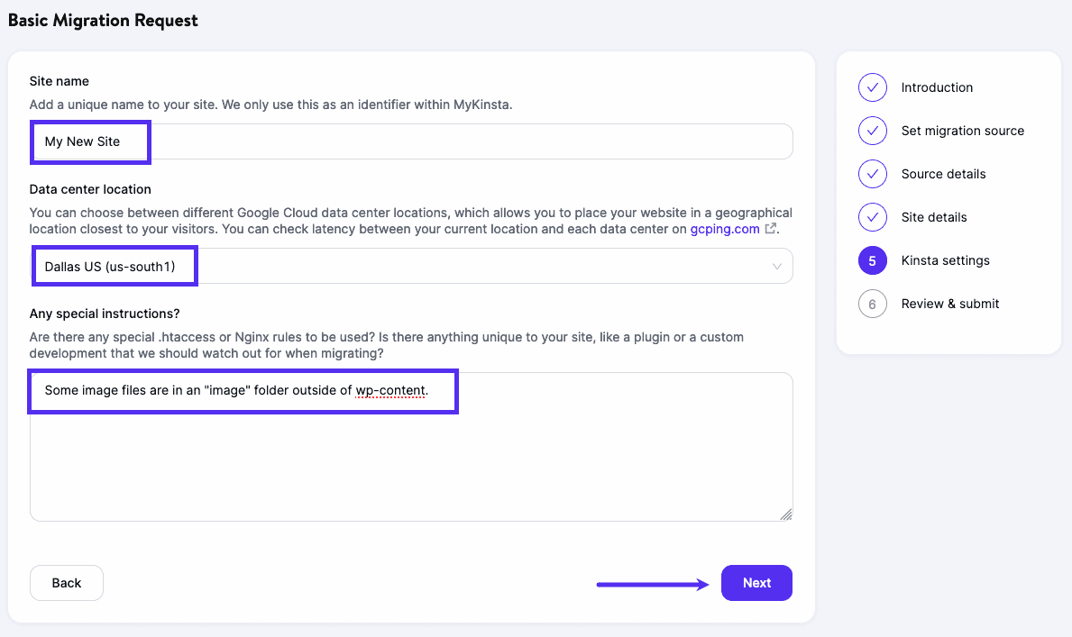 Add your Kinsta site details to your migration request.