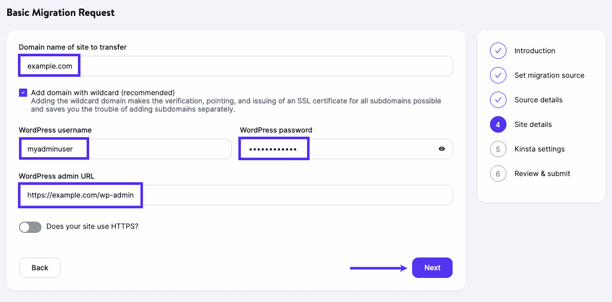 Complete the site details in your basic migration request.