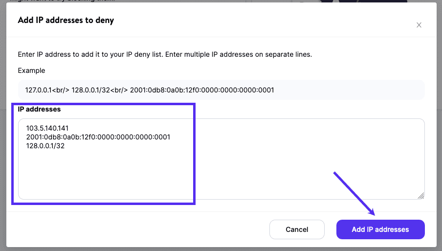 Add an IP address to deny in MyKinsta.