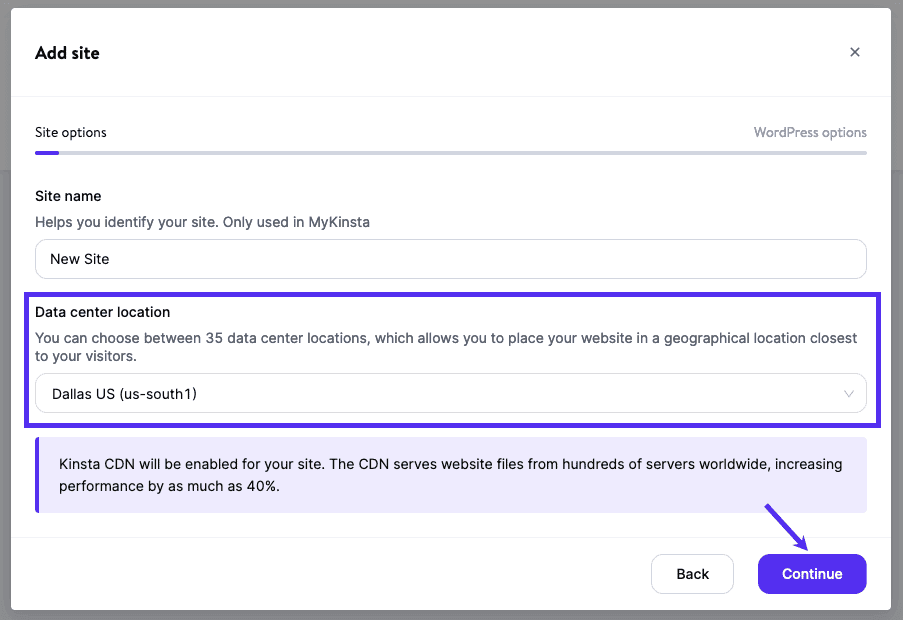 Google Cloud Platform server locations when adding a new site in MyKinsta.