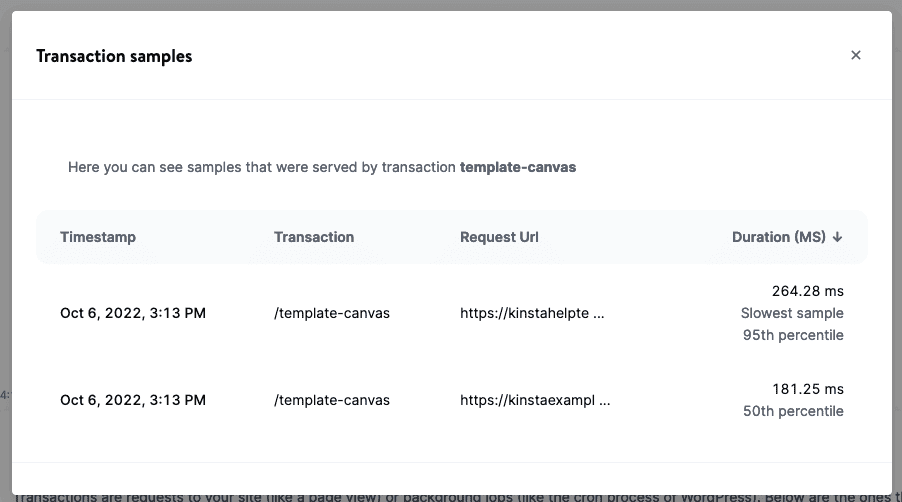 The transaction sample modal in the Kinsta APM tool.
