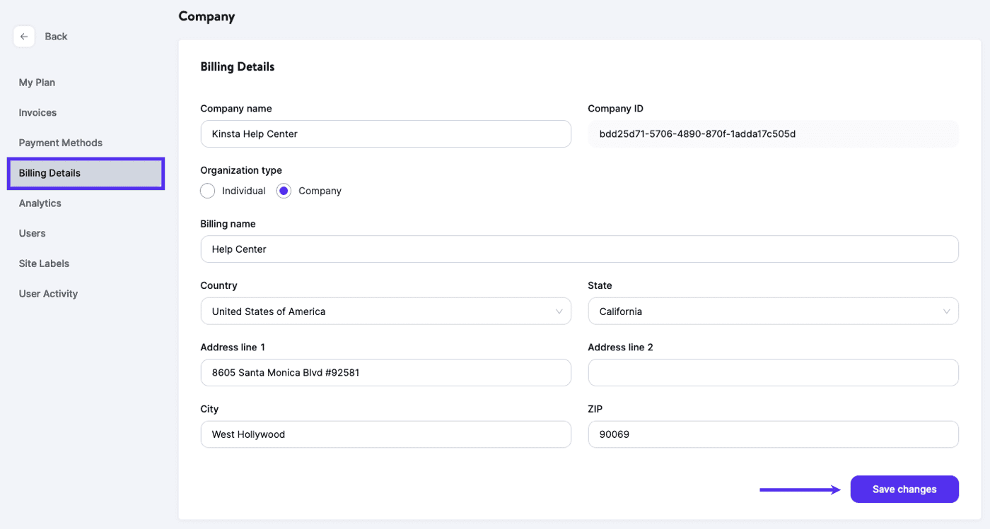 Change your billing address in MyKinsta.