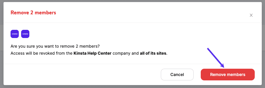 Confirm removing multiple users from a company in MyKinsta.
