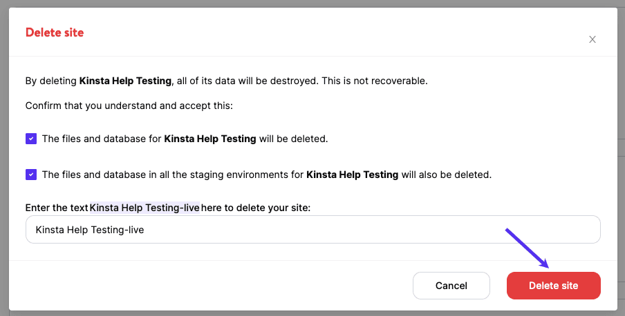 Delete WordPress site confirmation.