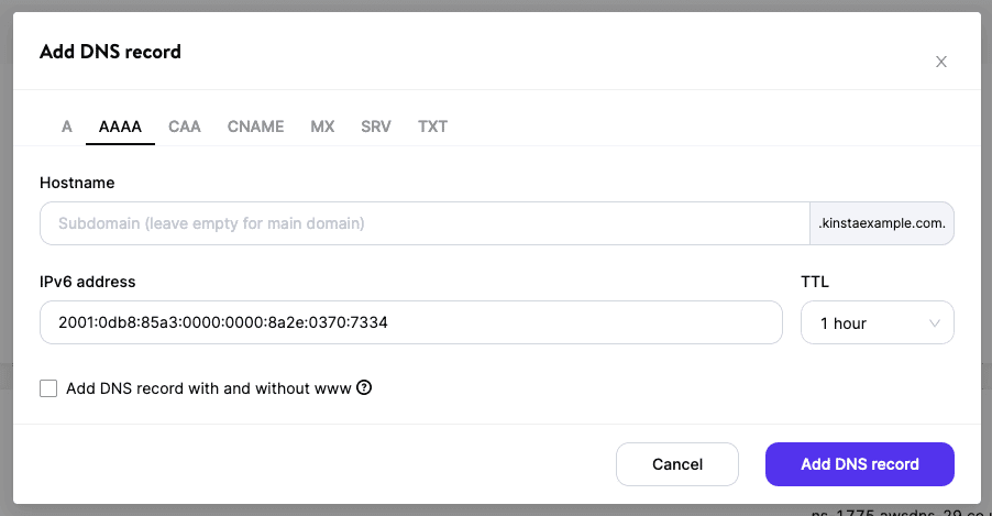 Add an AAAA record in Kinsta's DNS.