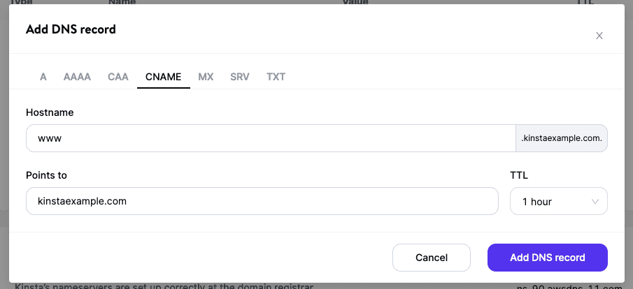 Add a CNAME record in Kinsta's DNS.