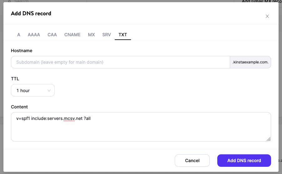 Add an SPF record in Kinsta's DNS.