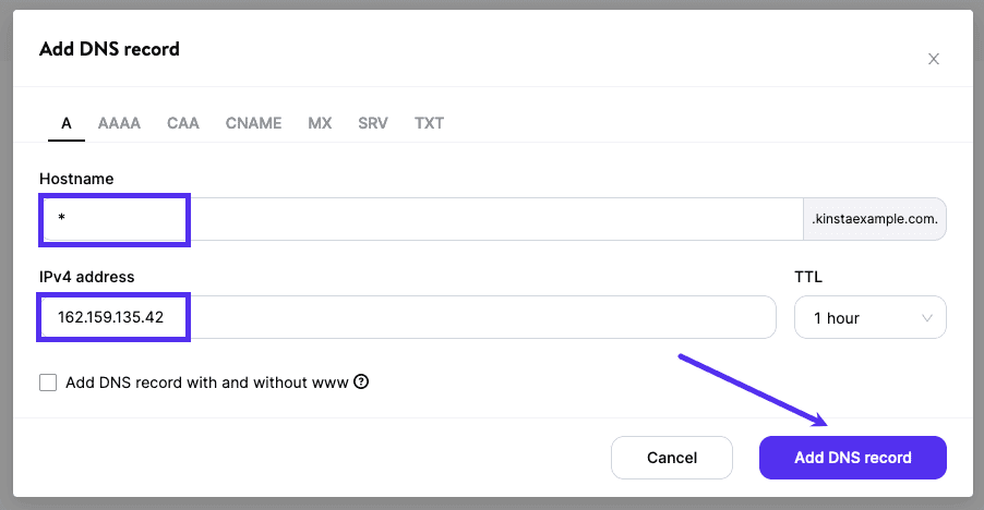 Add a wildcard A record for your domain.