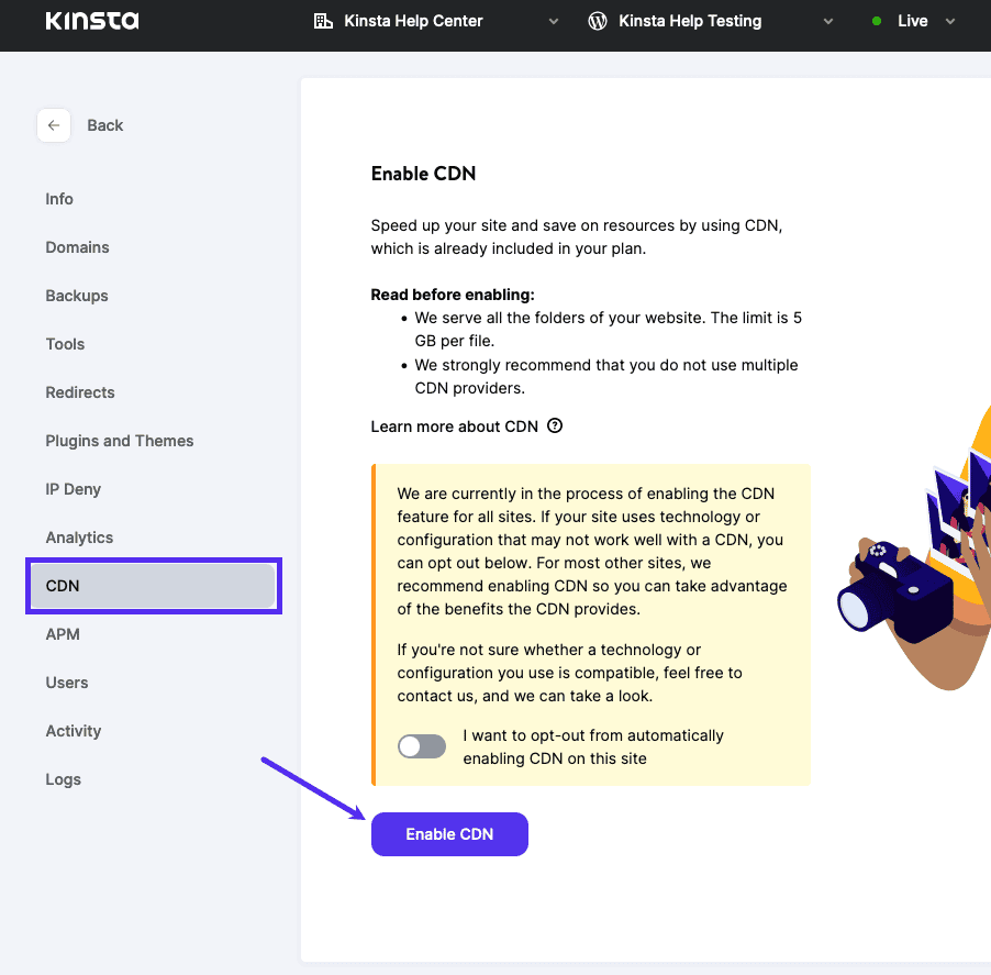 Enable Kinsta CDN in MyKinsta.