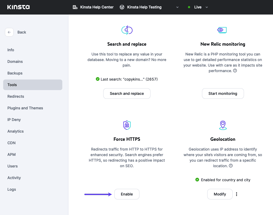Enable Force HTTPS in MyKinsta.