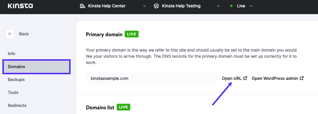 Open URL link in MyKinsta.