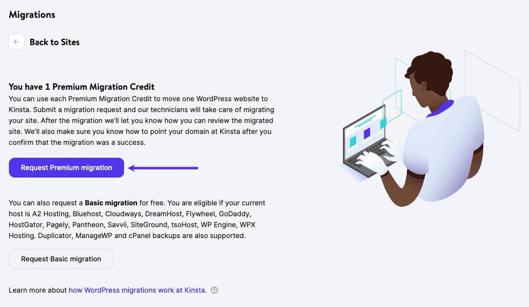 Request a premium migration in MyKinsta.