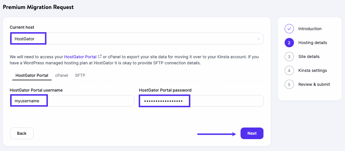 Add your current hosting details to your migration request.