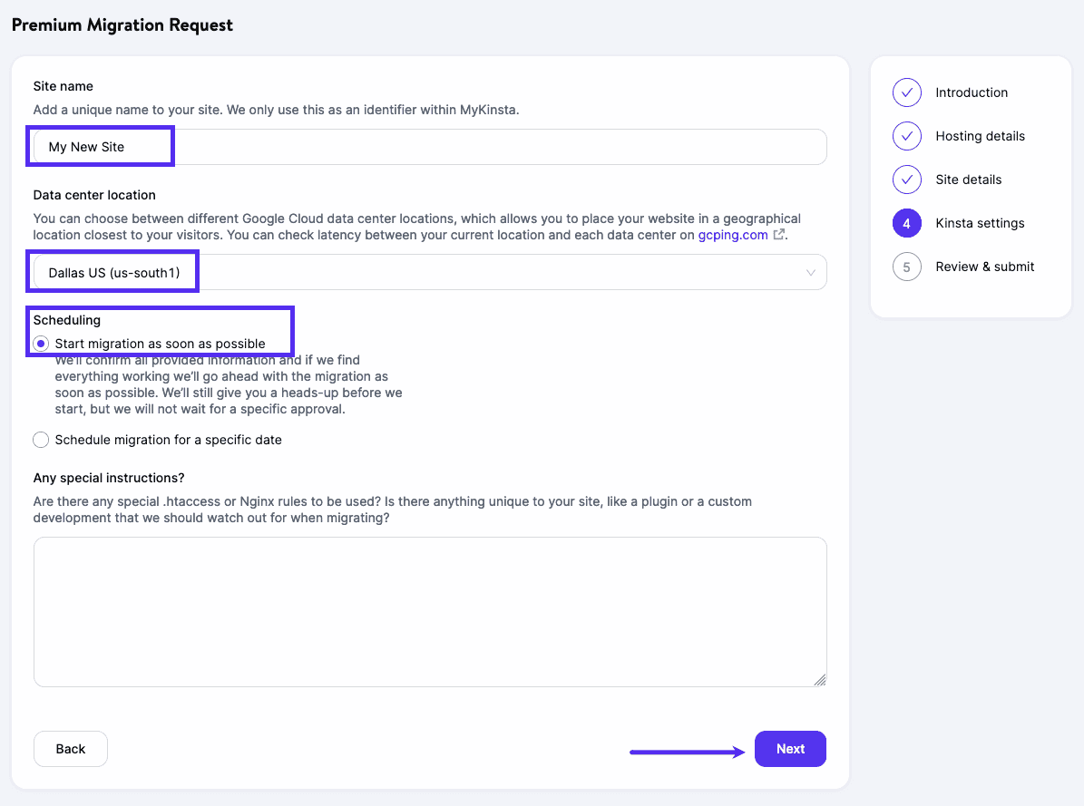 Kinsta site details for your migration.