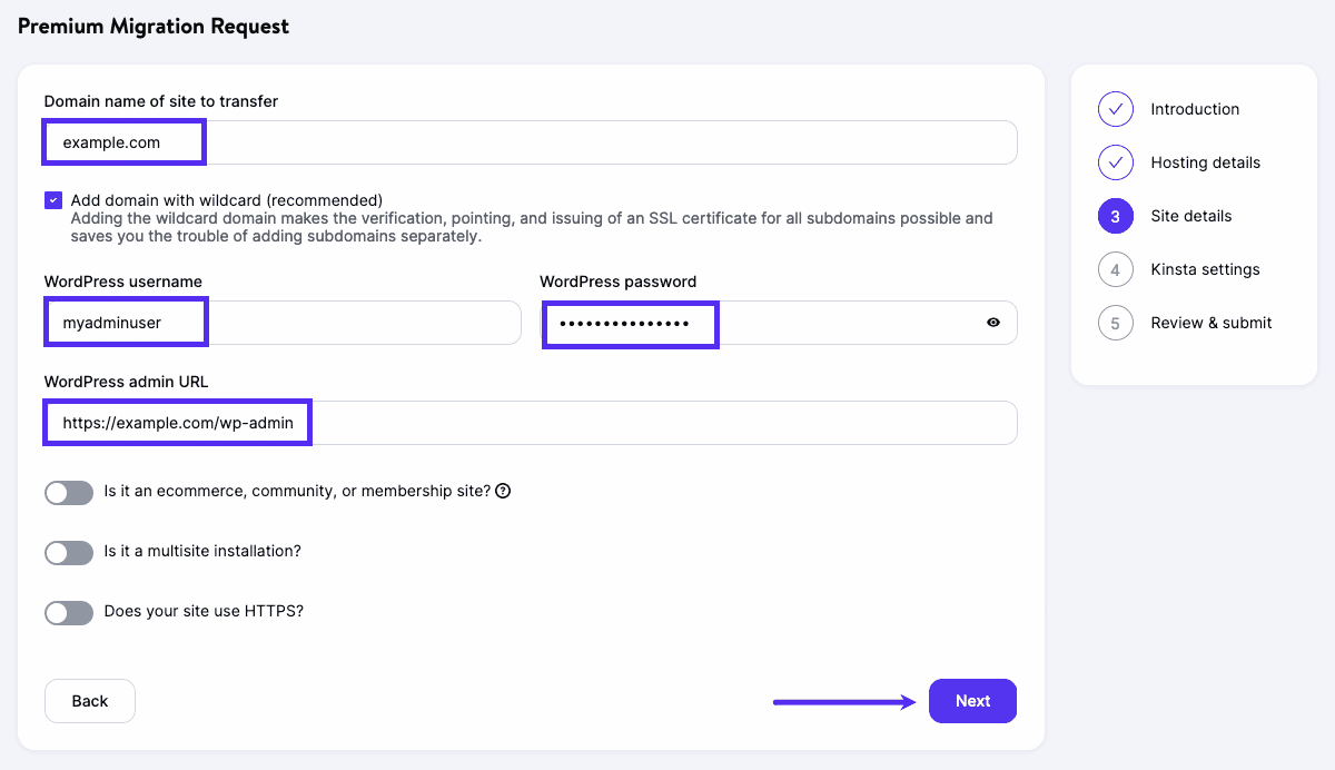 Add your WordPress site details to your premium migration request.