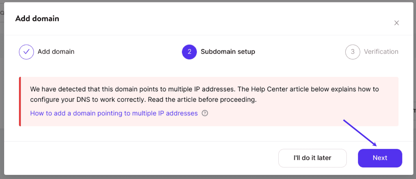 Click Next in the Verify domain modal/pop-up in MyKinsta.