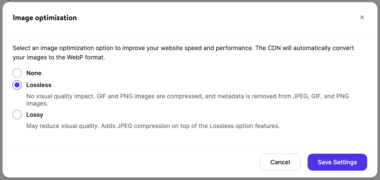 Selecting the Lossless image optimization option in MyKinsta.