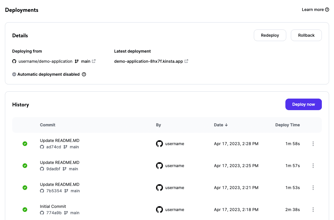 View your application's deployment details and history in MyKinsta.