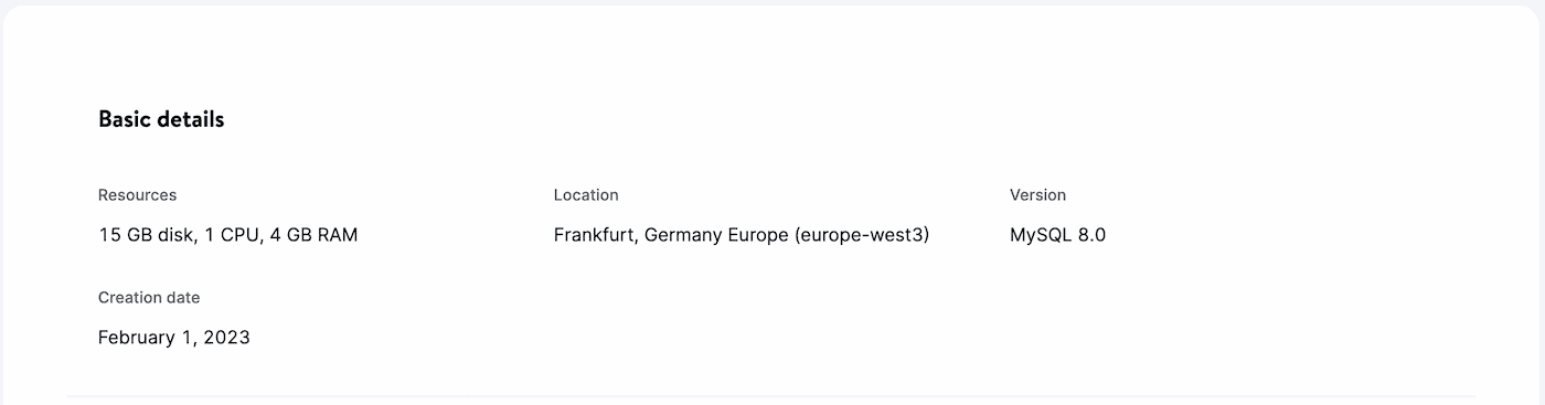 Basic details in Database Info or Database Settings.