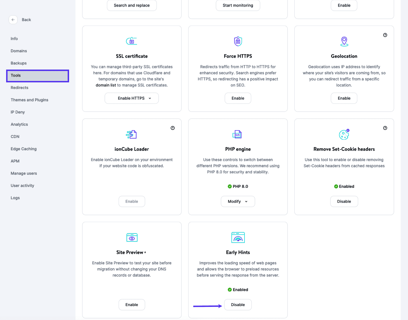Disable Early Hints in MyKinsta.