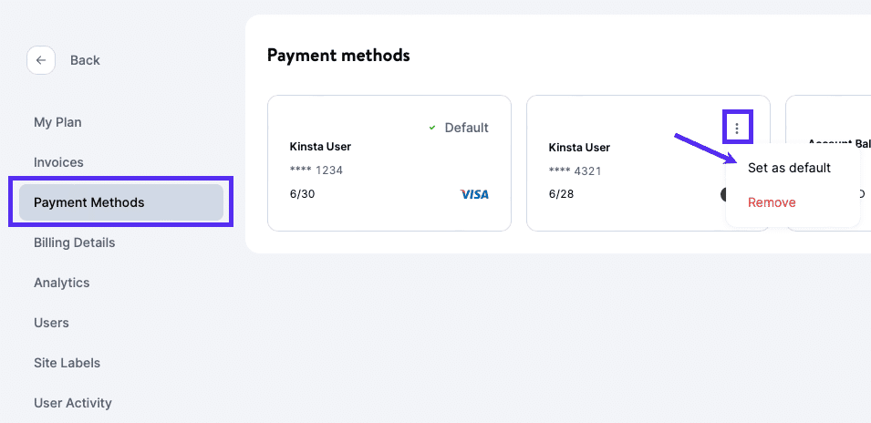 Select the default payment method in MyKinsta.