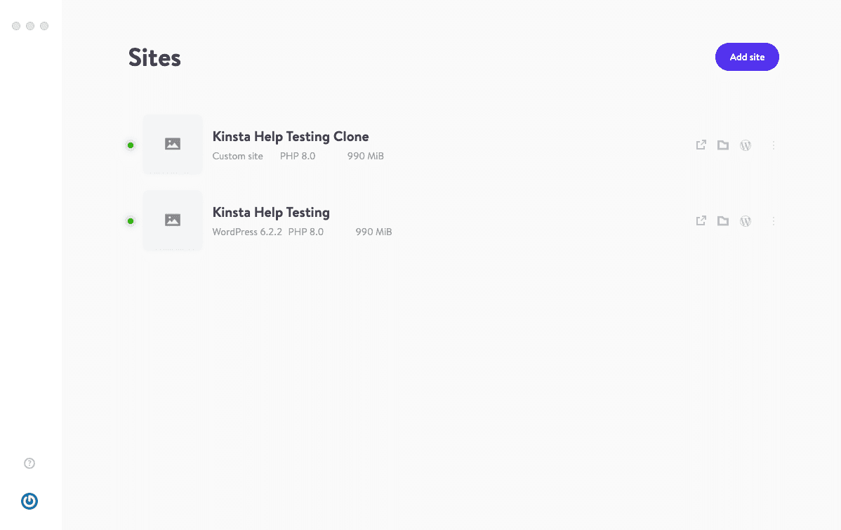 DevKinsta Sites list showing newly cloned site.