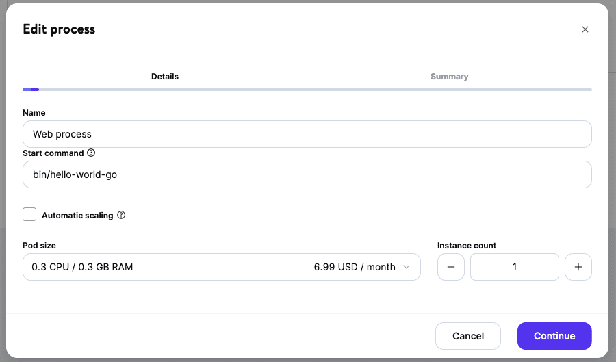 Change pod size, instance count, and automatic scaling for a process.