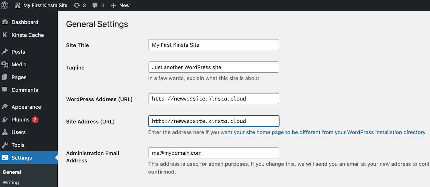 Temporary Kinsta URL in WordPress settings.