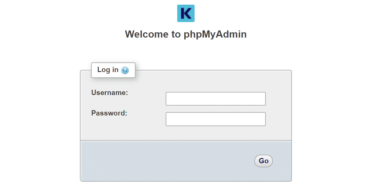 phpMyAdmin login page.