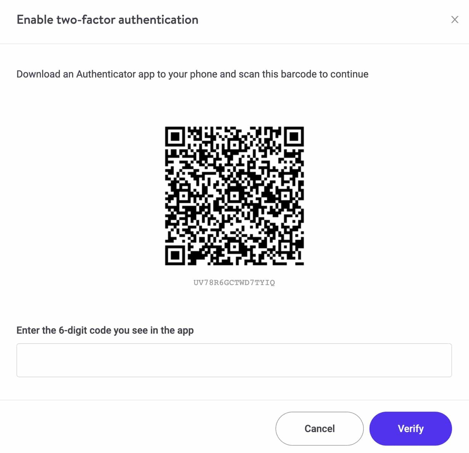QR code for setting up two-factor authentication in MyKinsta.