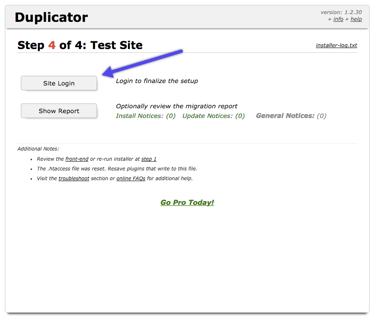 WordPress Duplicator plugin: test site
