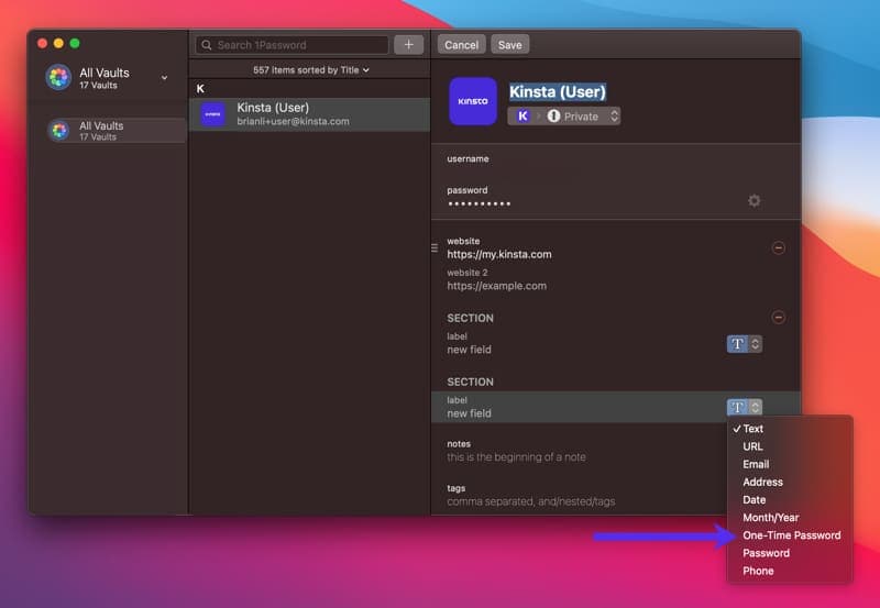 Add a one-time password in 1Password.