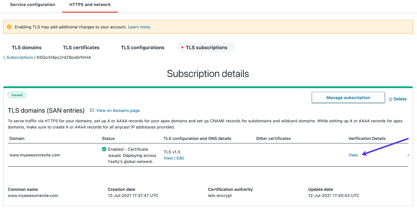 Viewing your domain verification details for SSL in Fastly.
