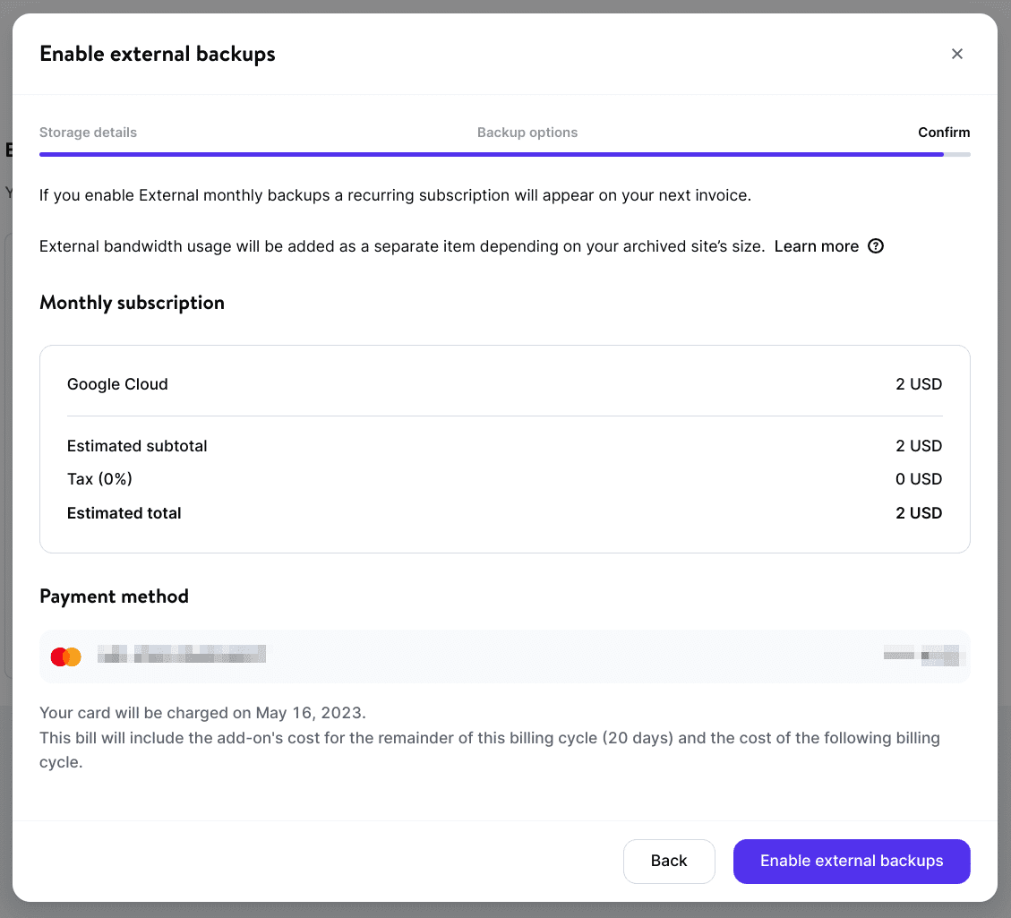 Confirm your external backup add-on.