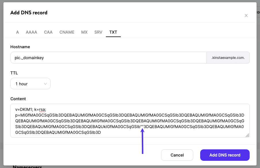 Add a DKIM record with multiple strings in Kinsta's DNS.